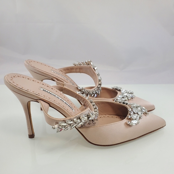 NWT$1,395 Manolo Blahnik Lurum 90 Crystal-embellished Satin Mules Heels Sz 37 - Picture 6 of 16